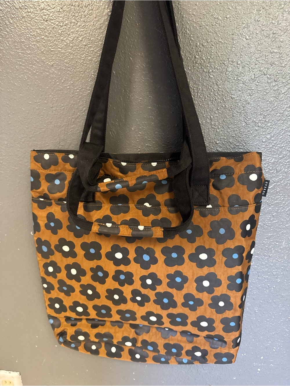 Brown Floral Pattern Tote Bag with Black Handles